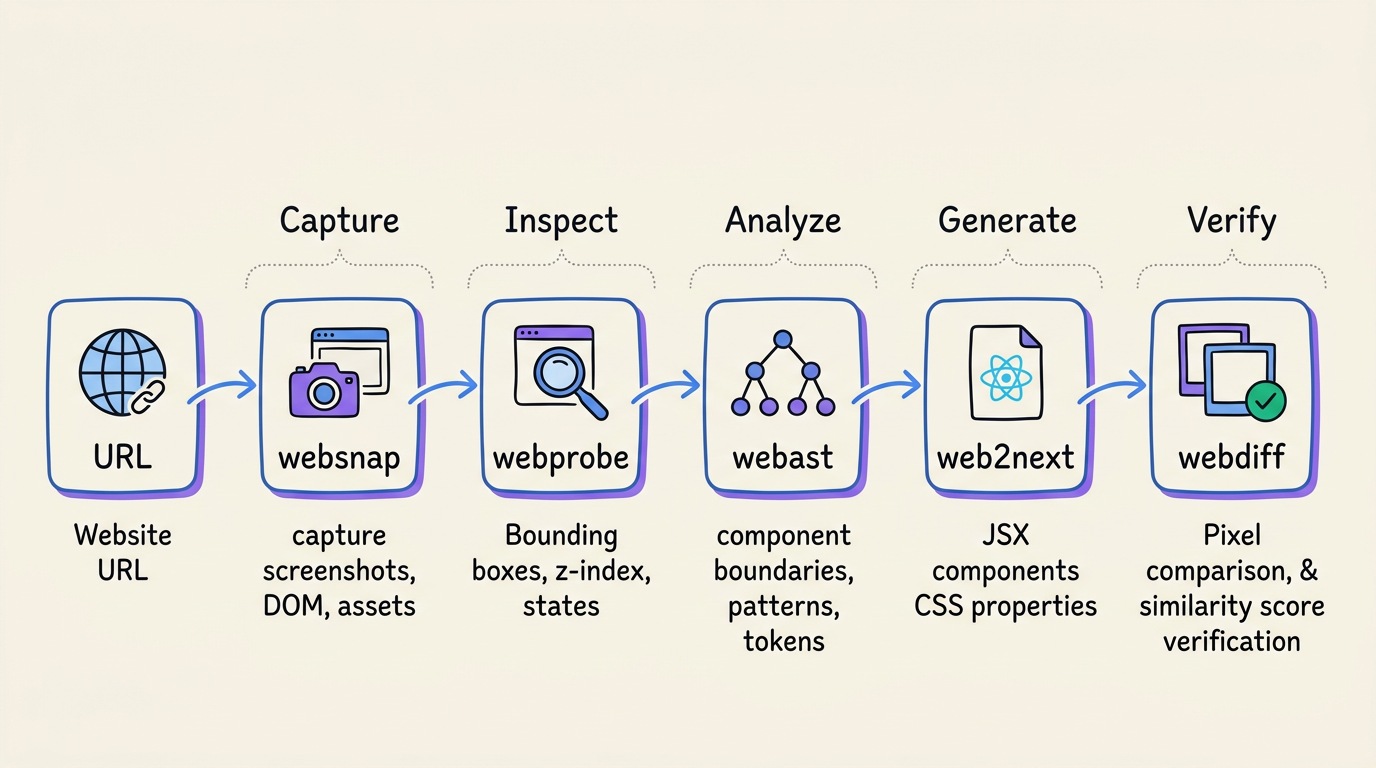 The full UI teardown pipeline: URL → websnap → webprobe → webast → web2next → webdiff → Next.js project