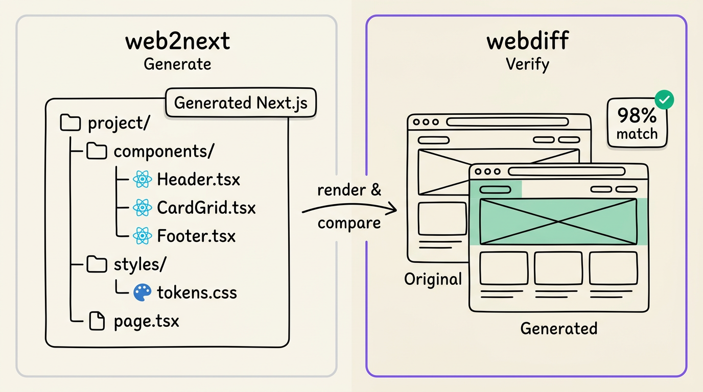 web2next generates a Next.js project, then webdiff verifies it against the original