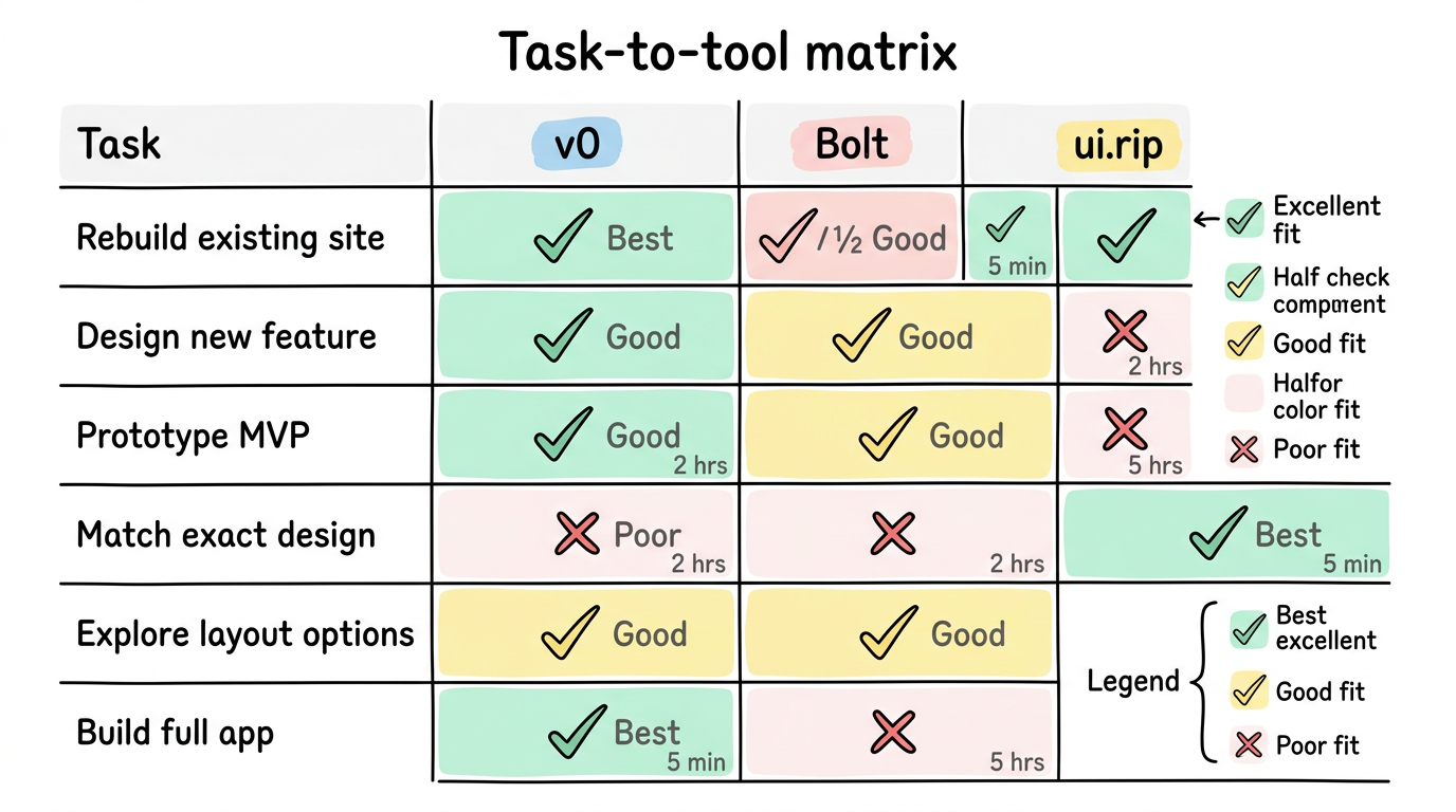 Use case comparison matrix infographic showing which tool is best for different scenarios and tasks