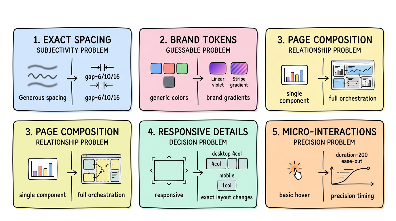 Five limitations infographic detailing spacing, brand tokens, page composition, responsive behavior, and micro-details