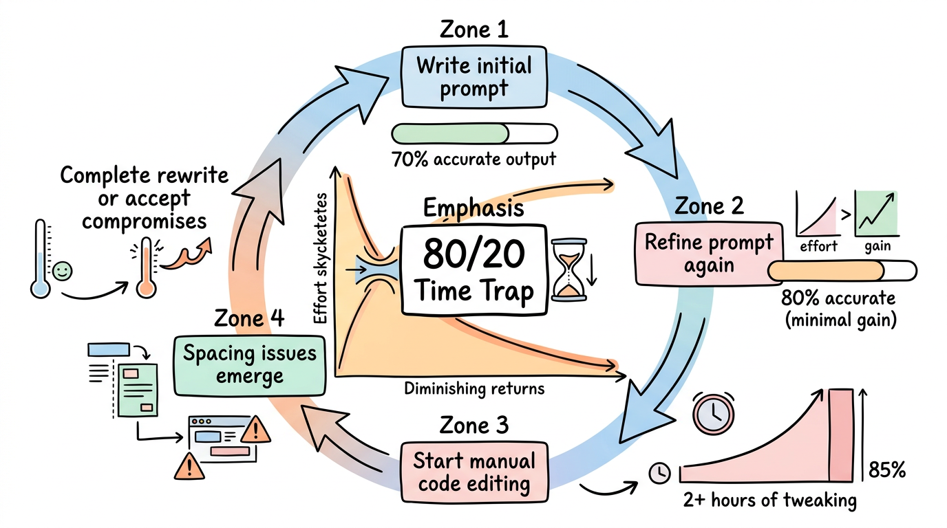 Prompt iteration cycle infographic showing the iterative refinement loop and time spent on the final 20% of work