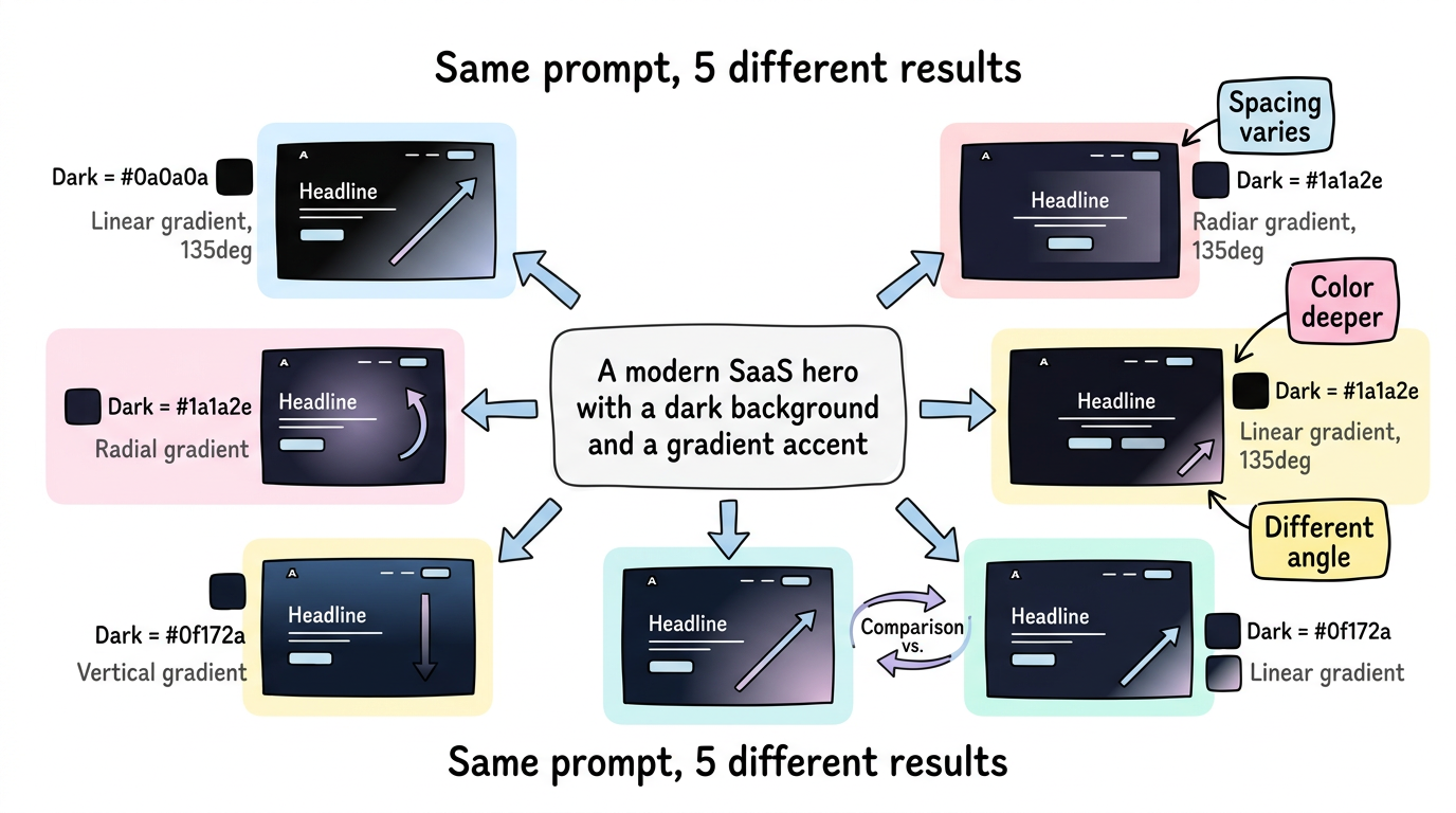 Prompt ambiguity example infographic showing how the same prompt description leads to multiple different visual interpretations